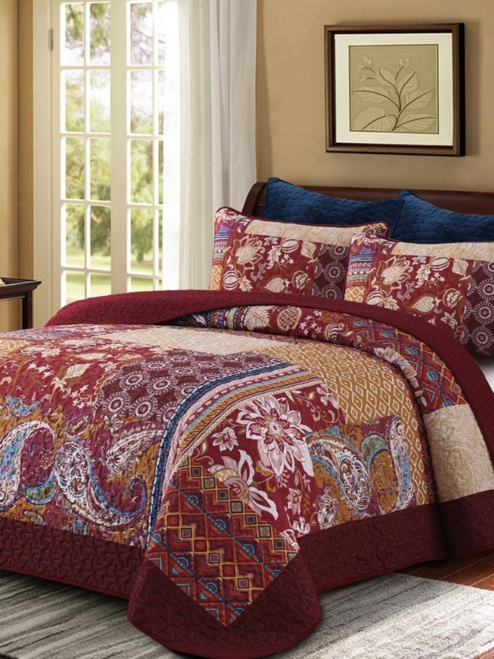 California King Patchwork Quilt Set Burgundy Red Boho Bedspread Coverlet